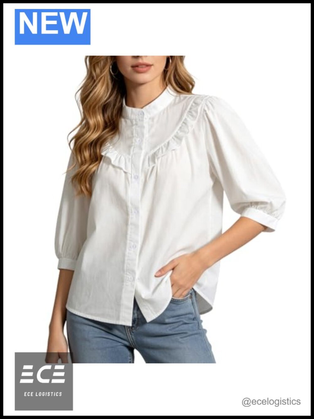 Womens Babydoll Blouse 3/4 Sleeve Ruffle Neck Button Down Work Top